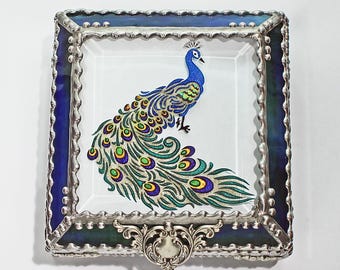 Peacock, Stained Glass, Keepsake Box, Jewelry Box, Faberge Style, Treasure Box