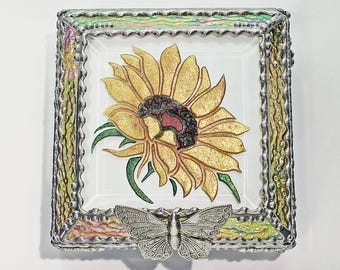 Sunflower, Stained Glass, Keepsake Box, Jewelry Box, Faberge Style, Treasure Box, Flowers