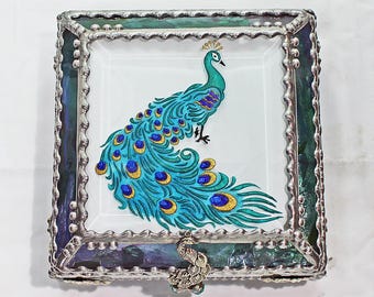 Peacock, Stained Glass, Keepsake Box, Jewelry Box, Faberge Style, Treasure Box