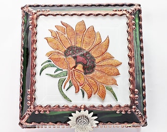 Sunflower, Stained Glass, Keepsake Box, Jewelry Box, Faberge Style, Treasure Box, Flowers