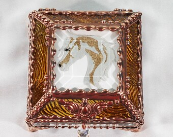 Horse, Equine Etched hand painted Glass Treasure Box, Jewelry Box, Trinket Box, Glass Box, Treasure Box, Faberge Style