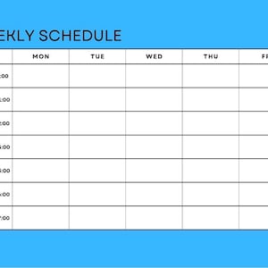May include: A bright blue weekly schedule planner with black text. The grid features columns for Monday through Friday and rows labeled with hourly time slots from 9:00 to 17:00. The header reads WEEKLY SCHEDULE in bold black capital letters.