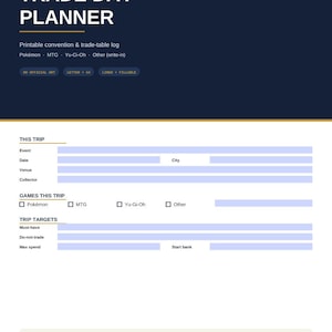以下が含まれることがあります： Trade Day Planner、Perry's Digital Shop Deskというテキストと、Pokémon、MTG、Yu-Gi-Ohのカテゴリーが記載されたダークブルーのヘッダーを持つデジタル交換日プランナー。フォームにはイベントの詳細、旅行の目標、使用方法のセクションが含まれています。