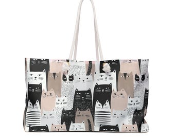 ニュートラルカラーの猫柄ウィークエンダーバッグ｜かわいい猫のイラスト入りビーチトート
