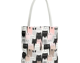 かわいい猫柄トートバッグ｜ピンク、ブラック、ベージュの猫柄総柄バッグ