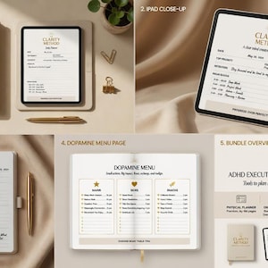 Puede incluir: Una agenda de color beige titulada The Clarity Method, que muestra un diseño de página diaria, una página de menú de dopamina con columnas para platos principales, acompañamientos y snacks, y una tableta digital. Incluye agenda física y guías.