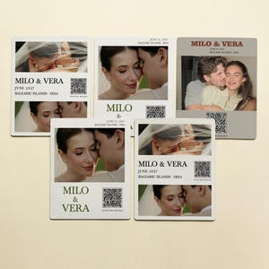 May include: Five rectangular wedding invitation cards featuring photographs of a couple. Each card displays the text MILO & VERA, JUNE 2027, BALEARIC ISLANDS - DEIA, and a QR code. The designs include various close-up portraits of the couple, some with a veil, printed on white and light gray backgrounds with dark text.