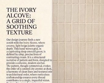 May include: A rectangular rug in a solid light beige color featuring a raised grid pattern of vertical and horizontal lines. The text NAYEEM BESPOOKE RUGS THE ART OF TEXTILE THE IVORY ALCOVE: A GRID OF SOOTHING TEXTURE is printed on the left side.