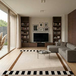 May include: A rectangular area rug featuring a large cream-colored center panel, a wide brown border, and short black and white stripes along the top and bottom edges. The rug is placed on a light wood floor in a living room with a gray sectional sofa.