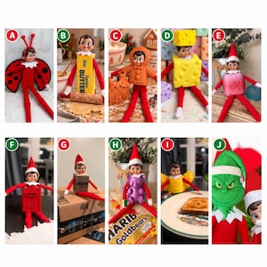 May include: A collection of ten elf dolls in various costumes: A ladybug, a butter stick, a gingerbread person, a block of Swiss cheese, a pink 'See Dot' bottle, a red mailbox, an Amazon box, a purple gummy bear, a bee, and a Grinch mask.