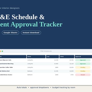 May include: A digital FF&E Schedule & Client Approval Tracker template for Excel and Google Sheets. The interface displays a table with columns for item, room, cost, client, and approval status, featuring color-coded buttons for status updates.