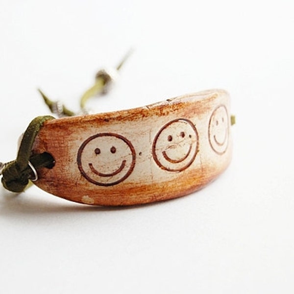 Happy Faces Bracelet - Smiley Hand Stamped - Inspirational Rustic Brown with Green