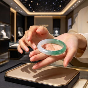 Puede incluir: Una pulsera tipo brazalete circular y lisa hecha de piedra de jade pulida. El brazalete presenta un degradado de color distintivo, que transiciona desde una sección blanca lechosa y translúcida hasta una sección verde esmeralda vibrante.