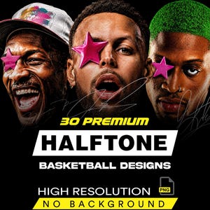 Könnte beinhalten: Eine digitale Grafik mit drei Basketballspielern, die rosa Sterne über den Augen tragen. Der Text lautet 30 PREMIUM HALFTONE BASKETBALL DESIGNS, HIGH RESOLUTION, PNG und NO BACKGROUND. Das Design verwendet einen schwarzen Hintergrund mit gelben Akzenten.