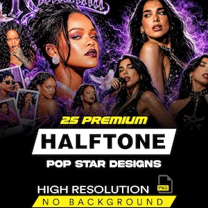 May include: A digital graphic collection featuring multiple portraits of pop stars Rihanna and Dua Lipa against a vibrant purple lightning background. The text reads 25 PREMIUM HALFTONE POP STAR DESIGNS HIGH RESOLUTION PNG NO BACKGROUND.