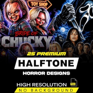 Könnte beinhalten: Eine digitale Grafik mit den Puppen Chucky und Tiffany, einer Ghostface-Figur und verschiedenen menschlichen Charakteren aus Horrorfilmen. Der Text lautet Deadly Dolls TOY SHOP, BRIDE OF CHUCKY, 25 PREMIUM HALFTONE HORROR DESIGNS, HIGH RESOLUTION, NO BACKGROUND.