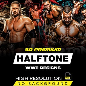 以下が含まれることがあります： プロレスラーのトリプルHとランディ・オートンが様々なポーズをとっているデジタルグラフィック。テキストには「30 PREMIUM HALFTONE WWE DESIGNS」「HIGH RESOLUTION」「PNG」「NO BACKGROUND」と記載されています。画像には複数のアスリートの描写が含まれています。