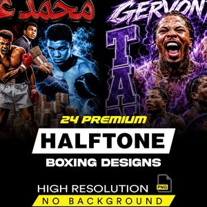 Pode incluir: Uma coleção gráfica digital apresentando Muhammad Ali em tons de vermelho e azul com maços de dinheiro, e Gervonta Davis cercado por efeitos de raios roxos. O texto diz 24 PREMIUM HALFTONE BOXING DESIGNS HIGH RESOLUTION NO BACKGROUND.
