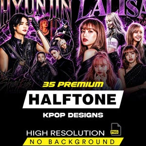 May include: A digital graphic design collection featuring portraits of K-pop artists Hyunjin and Lalisa set against a vibrant purple lightning background. The text reads 35 PREMIUM HALFTONE KPOP DESIGNS HIGH RESOLUTION NO BACKGROUND PNG.