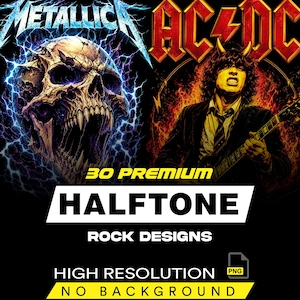 Może przedstawiać: Cyfrowa kolekcja grafik przedstawiająca logo Metallica nad szczegółową czaszką otoczoną niebieskimi błyskawicami oraz logo AC/DC nad gitarzystą z rogami. Tekst zawiera 30 PREMIUM HALFTONE ROCK DESIGNS HIGH RESOLUTION PNG NO BACKGROUND.