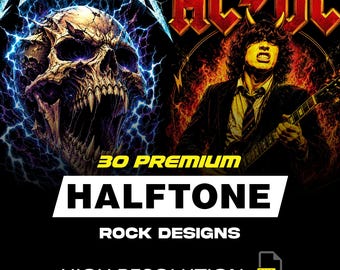 Può includere: Una collezione grafica digitale che presenta il logo Metallica sopra un teschio dettagliato circondato da fulmini blu, e il logo AC/DC sopra un chitarrista con le corna. Il testo include 30 PREMIUM HALFTONE ROCK DESIGNS HIGH RESOLUTION PNG NO BACKGROUND.