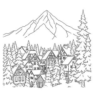 May include: A black and white line art illustration depicting a small village nestled among dense pine trees with a large, pointed mountain peak rising in the background. The scene features multiple houses with gabled roofs and windows.