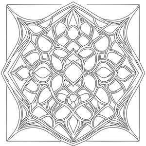 May include: A black and white line art illustration featuring a square frame containing a complex, symmetrical geometric pattern of interlocking curved shapes and pointed petal-like forms that radiate from a central diamond-shaped core.