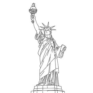 May include: A black and white line drawing of the Statue of Liberty. The figure stands on a pedestal, wearing a crown with seven rays, holding a torch high in the right hand and a tablet in the left hand, draped in flowing, layered robes.
