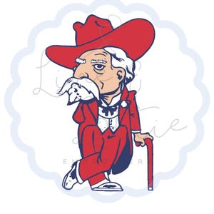May include: A graphic illustration of an elderly character wearing a red cowboy hat, a red suit jacket, and red trousers. The character has white hair, a white mustache, and holds a red cane while leaning against it with one leg crossed.