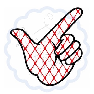 May include: A graphic illustration of a hand making a thumbs-up gesture, outlined in thick black lines. The interior of the hand features a red diamond-shaped lattice pattern against a white background, creating a bold and clear visual design.