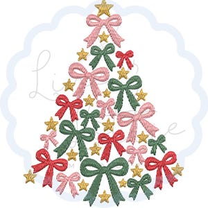 May include: An embroidered design shaped like a Christmas tree, composed of various bows in shades of pink, dark green, and red, interspersed with small gold stars. The entire arrangement is centered on a light blue scalloped circular background.