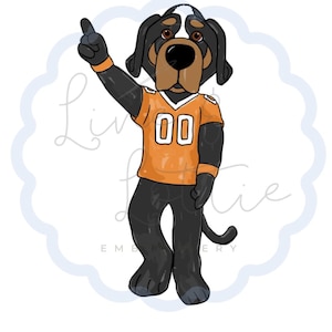 May include: A cartoon illustration of a black and brown dog mascot wearing an orange jersey with the number 00 on the chest. The dog has floppy ears, a white patch on its head, and is pointing its right index finger upward toward the sky.