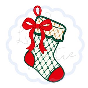 May include: A Christmas stocking illustration featuring a cream-colored base with a dark green lattice pattern, a red toe and heel, and a large red bow at the top. The cuff has a gold lattice design, and a red loop is attached for hanging.