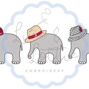 May include: Three gray elephant illustrations arranged in a row. The first elephant wears a crimson baseball cap with a white letter A. The second wears a tan fedora with a crimson band and white letter A. The third wears a black and white houndstooth fedora.