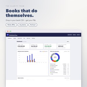 Może przedstawiać: Interfejs oprogramowania o nazwie Bookkeeping Studio wyświetlający pulpit nawigacyjny z danymi finansowymi, w tym przychodami, wydatkami, zyskiem netto i podatkami. Ekran zawiera wykres słupkowy przychodów oraz wykres kołowy wydatków.