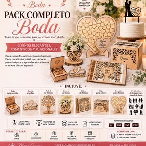 Puede incluir: Un set de boda de madera cortada a láser que incluye una caja para anillos, un libro de firmas en forma de corazón, una caja para sobres con la palabra Gracias, un libro de firmas con diseño de árbol y un topper para pastel con texto.