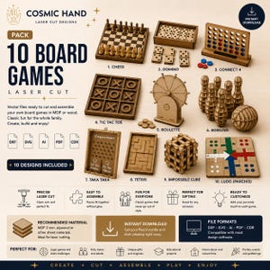 Puede incluir: Una presentación de producto digital con 10 diseños de juegos de mesa cortados con láser, incluyendo ajedrez, dominó, conecta 4, tres en raya, ruleta, bolos, taka taka, tetris, un cubo imposible y parchís. La imagen incluye etiquetas y iconos.