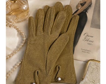 1960's Vintage Rhinestone Gold Tone Shimmery Opera Gloves. S/M Slight Stretch