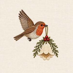 Puede incluir: Un diseño de bordado que muestra un petirrojo marrón y naranja en vuelo, sosteniendo en su pico una rama verde con tres bayas rojas y una flor color crema en forma de campana. El ave tiene plumas detalladas y vientre blanco.