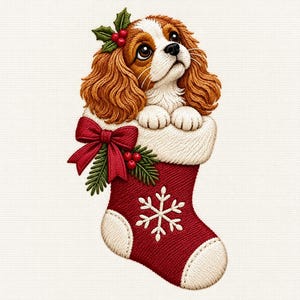 May include: An embroidered patch featuring a brown and white Cavalier King Charles Spaniel puppy peeking out of a red Christmas stocking. The stocking has a white cuff, a white snowflake design, and is decorated with a red bow and holly berries.