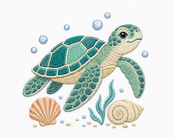 May include: An embroidered design of a sea turtle with a teal and cream shell, swimming among blue bubbles, a peach-colored fan-shaped seashell, a spiral seashell, and green seaweed sprigs, all rendered in detailed thread textures.