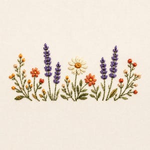May include: An embroidery design on cream fabric featuring a row of wildflowers. The arrangement includes purple lavender stalks, a central white daisy with a yellow center, and smaller orange blossoms with green stems and leaves throughout.