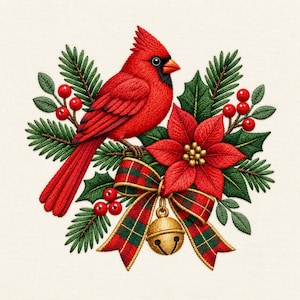 Op de afbeelding: Een geborduurd ontwerp met een felrode kardinaalvogel zittend tussen groene dennennaalden, hulstbladeren en rode bessen. Een rood-groen geruit lint is eronder gestrikt, met een gouden belletje dat in het midden naar beneden hangt.