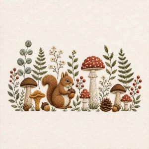 Puede incluir: Un diseño de bordado detallado sobre tela color crema que presenta una ardilla marrón sosteniendo una bellota, rodeada de varios hongos, incluyendo una seta grande de sombrero rojo, piñas, helechos, flores blancas y bayas rojas.