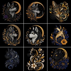 Puede incluir: Una colección de nueve ilustraciones digitales cuadradas con lobos y gatos. Los diseños incorporan lunas crecientes, patrones florales y motivos en espiral dorados, azules y negros. Cada imagen muestra el perfil de un animal rodeado de elementos decorativos sobre un fondo negro sólido.