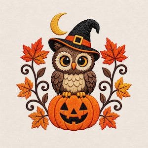 May include: An embroidered design featuring a brown owl with large eyes wearing a black witch hat with an orange band, perched on an orange jack-o'-lantern. The owl is framed by symmetrical brown swirling vines with orange and red maple leaves.
