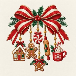 Diseño de bordado a máquina de adornos navideños de pan de jengibre con lazos, decoración navideña para hornear, descarga instantánea.