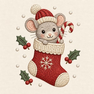 May include: An embroidered design of a gray mouse wearing a red and white knit hat, peeking out of a red Christmas stocking with a white snowflake pattern. The mouse holds a red and white candy cane, surrounded by green holly leaves and berries.