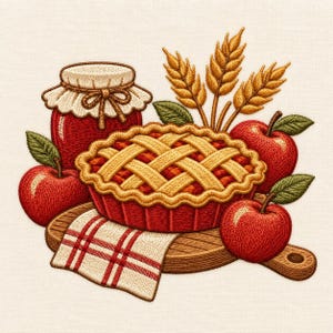 Puede incluir: Un diseño de bordado que muestra un pastel de rejilla sobre una tabla de cortar de madera, acompañado de un tarro de mermelada roja, tres manzanas rojas con hojas verdes y espigas de trigo doradas sobre un paño a cuadros rojo y blanco.