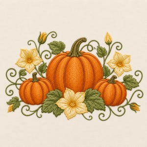 Può includere: Un disegno per ricamo che presenta tre zucche arancioni con gambi verdi, circondate da foglie verdi, viticci ricci e fiori di zucca giallo pallido. La composizione è disposta in un gruppo con una grande zucca centrale.